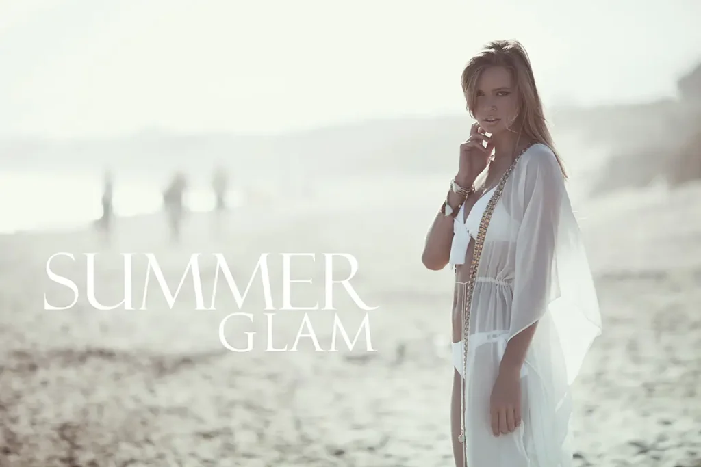 modelo rubia bikini blanco playa degrada summer glam